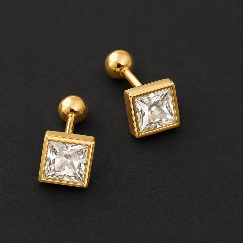 18K Gold Plated Stainless Steel Princess Cut Square CZ Screw Back Stud Earrings